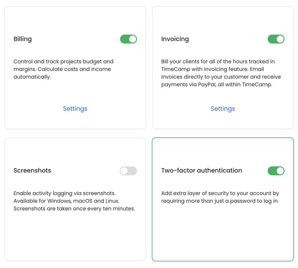 Activating the &lsquo;Two-factor authentication&rsquo; module in TimeCamp