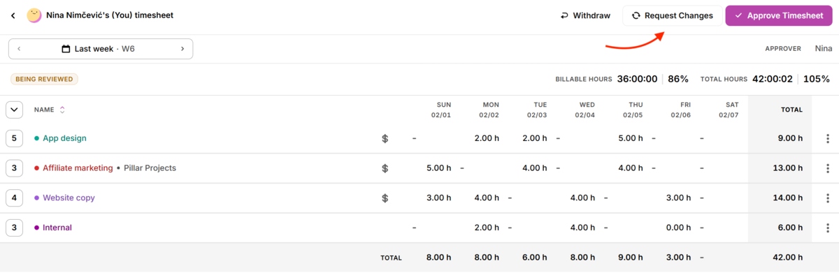 Approving timesheets in Toggl Track