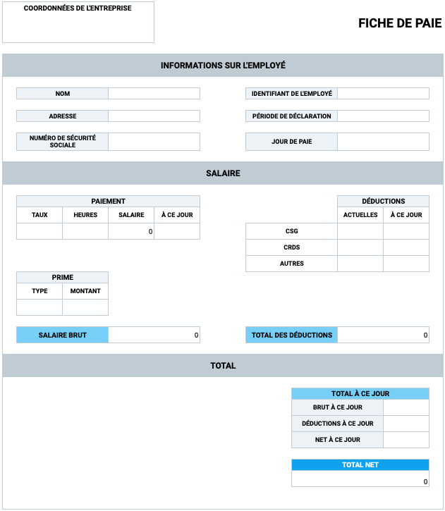 Modèle de fiche de paie de base avec calculateur