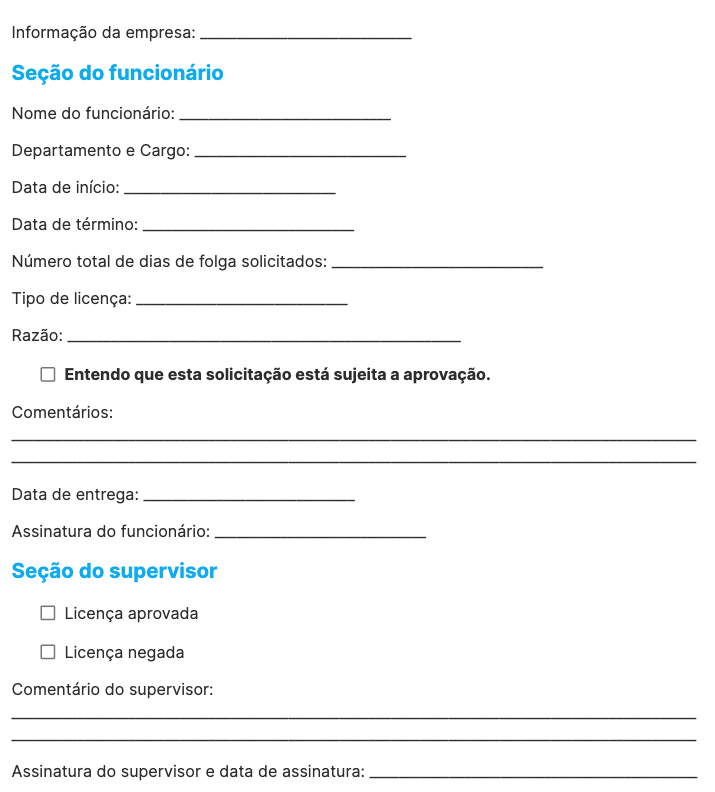 Captura de tela básica da solicitação de folga