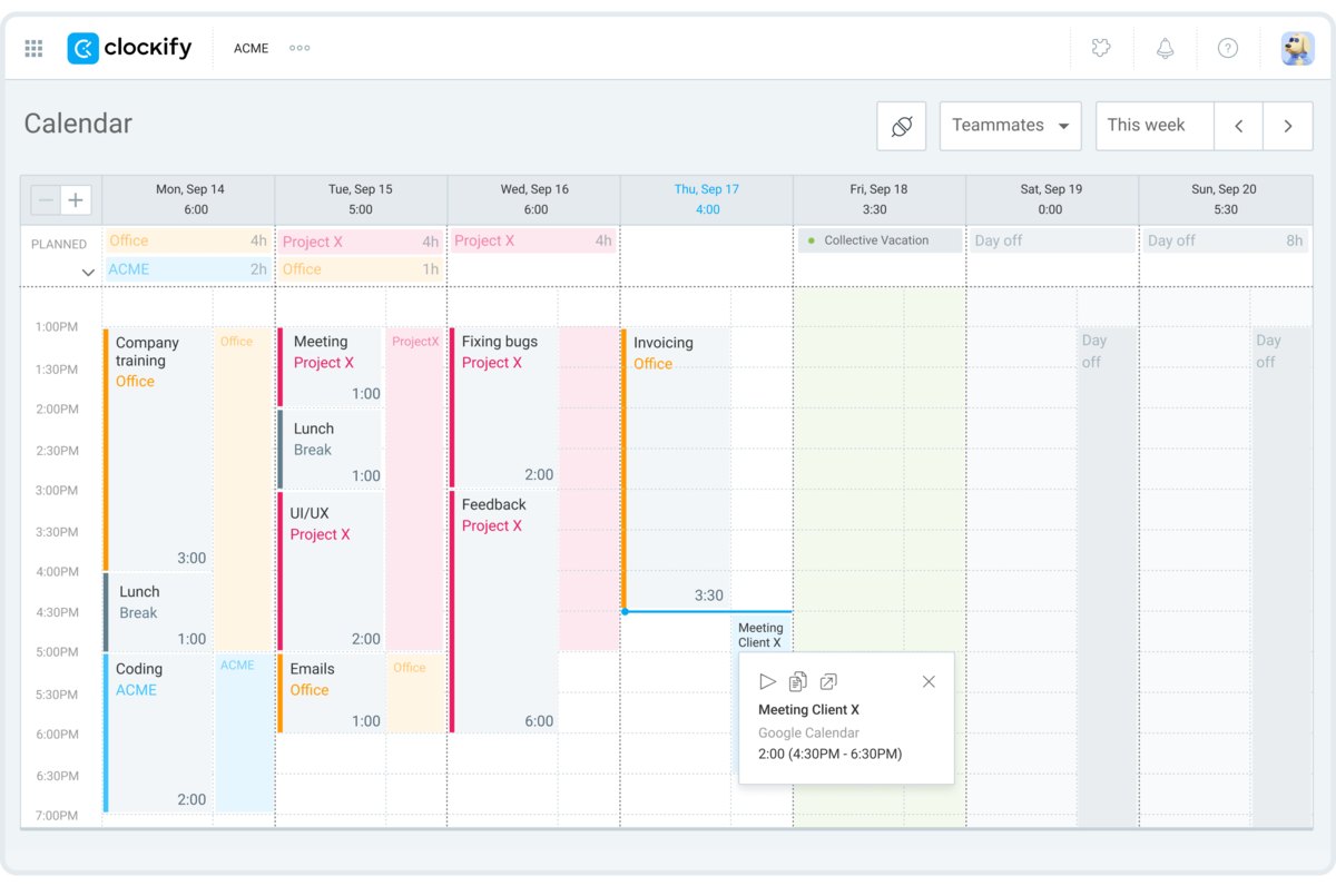 calendar in Clockify