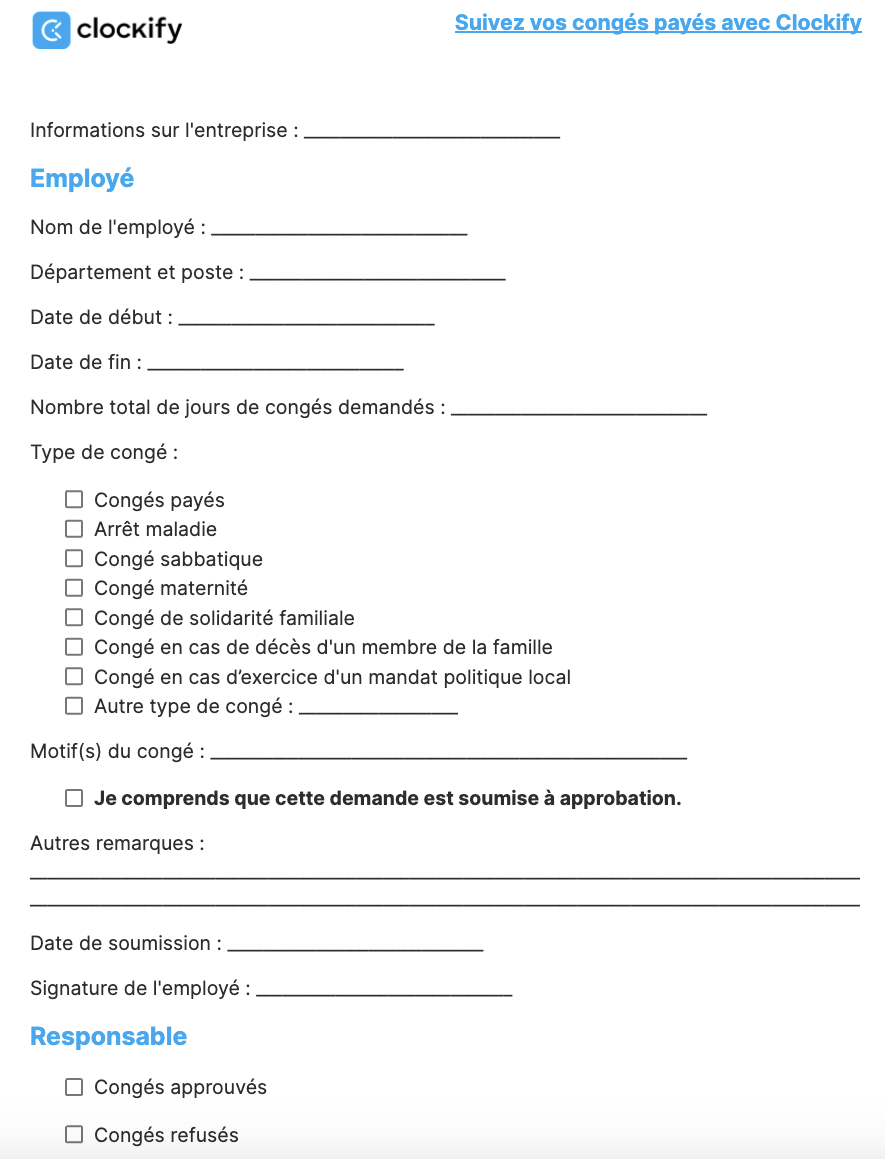 Formulaire de demande de congé avec case à cocher