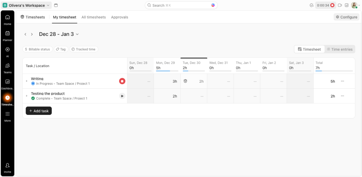 ClickUp time tracking