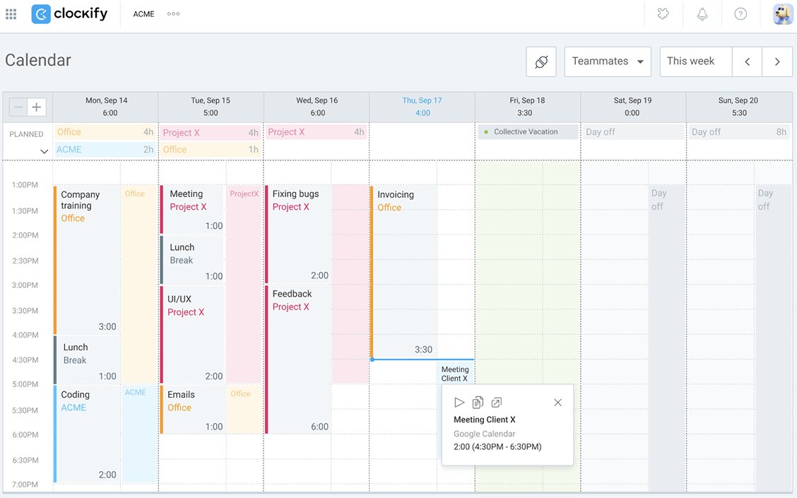 Clockify's calendar feature