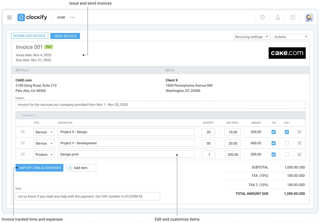 Clockify&rsquo;s invoicing feature