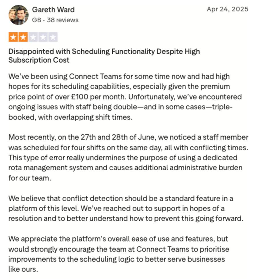 Connecteam user review on Trustpilot