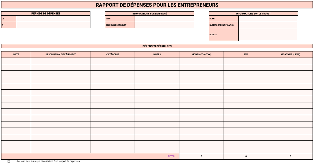 Modèle de rapport de dépenses pour les entrepreneurs