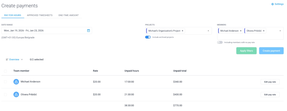 Creating payments in Hubstaff