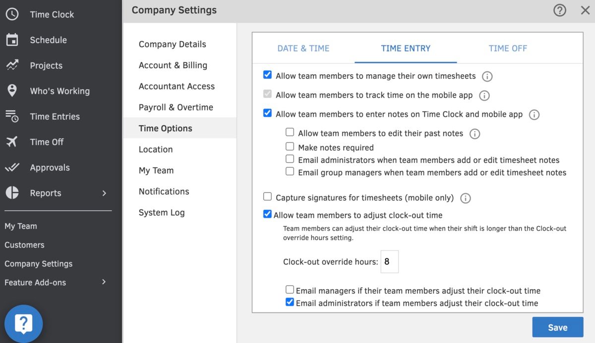 Detailed settings accessible only in classic QuickBooks Time