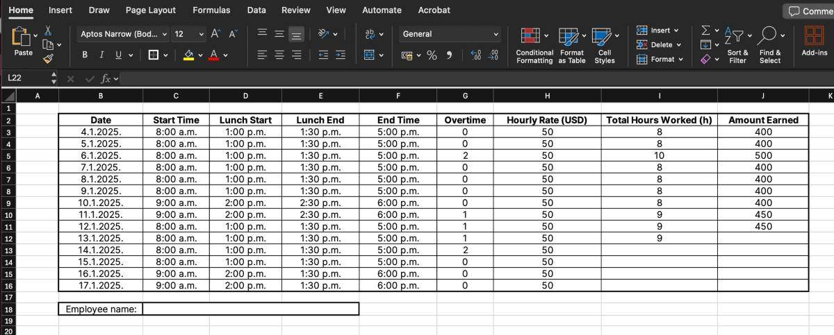 Excel timesheet