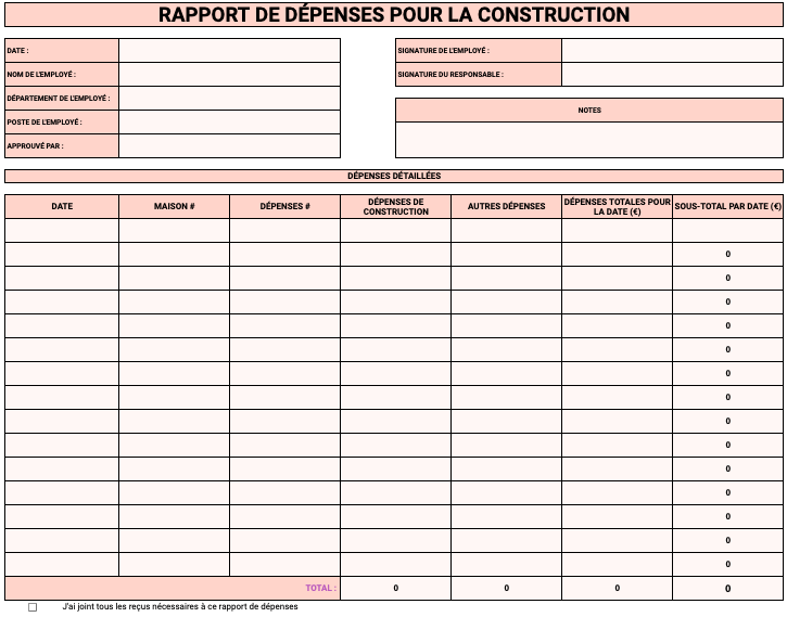 Modèle de rapport de dépenses pour la construction