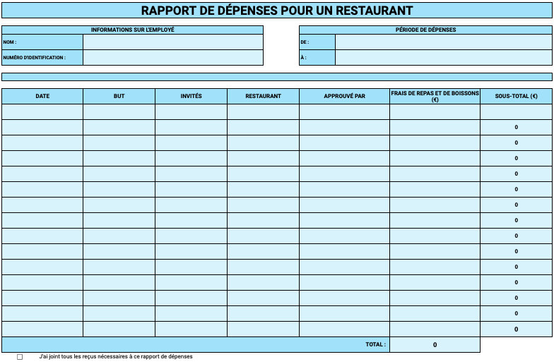 Modèle de rapport de dépenses pour un restaurant