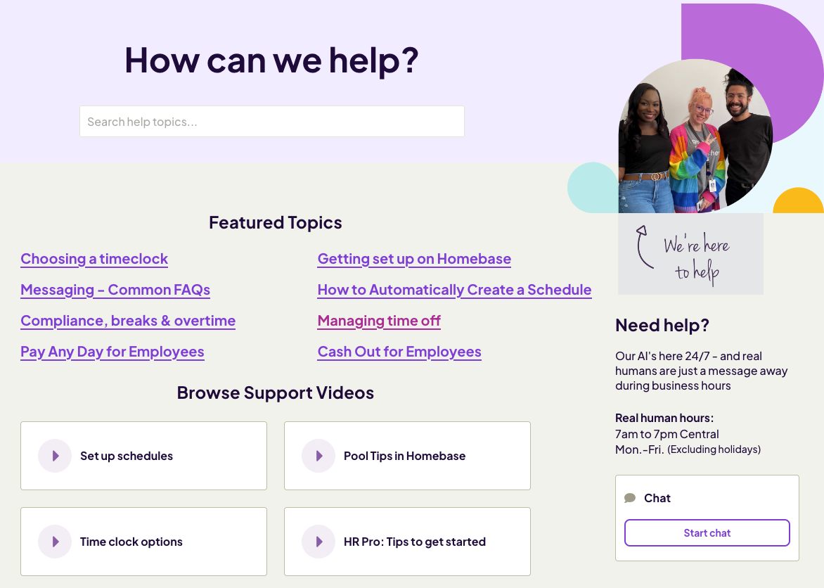 Homebase help page