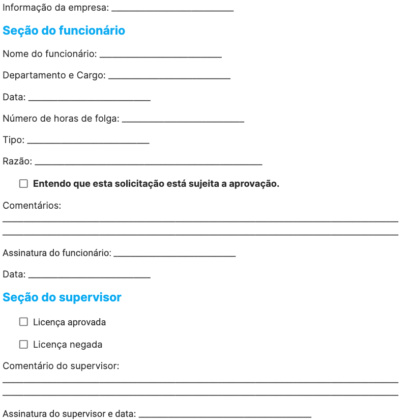 Captura de tela básica da solicitação de folga