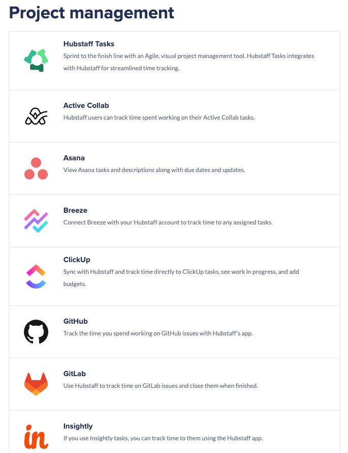 Hubstaff integrations (partial list)