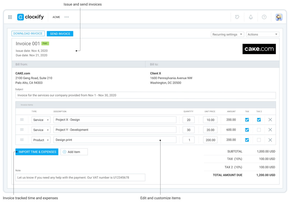 Invoicing in Clockify