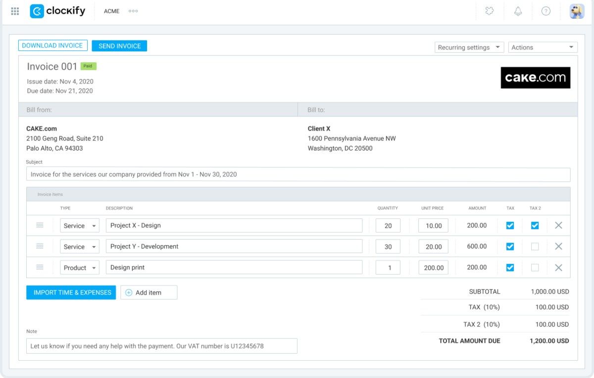 Invoicing in Clockify