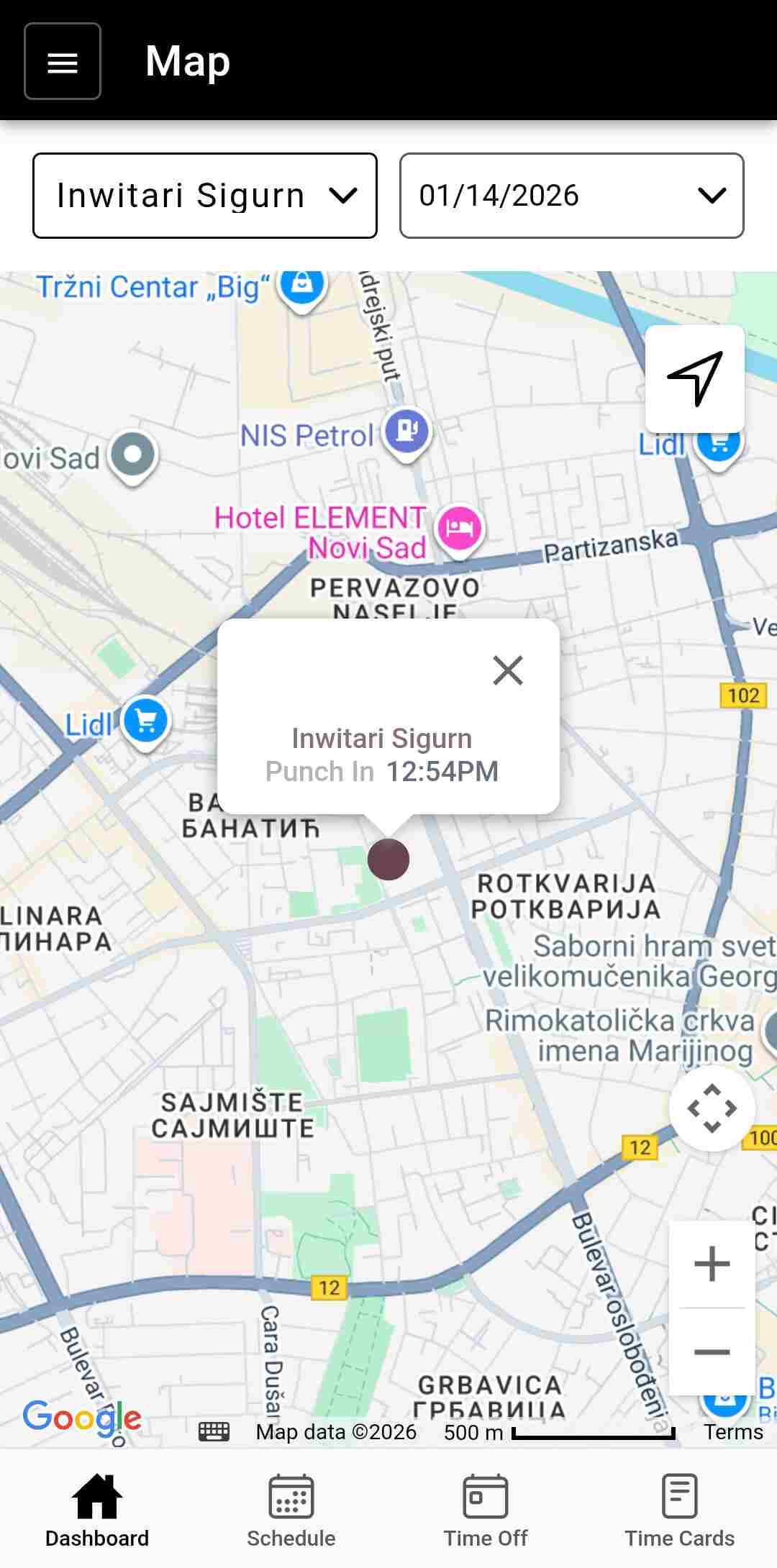 Map view of employee&rsquo;s punch location in the Buddy Punch app