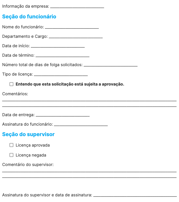 Captura de tela básica da solicitação de folga