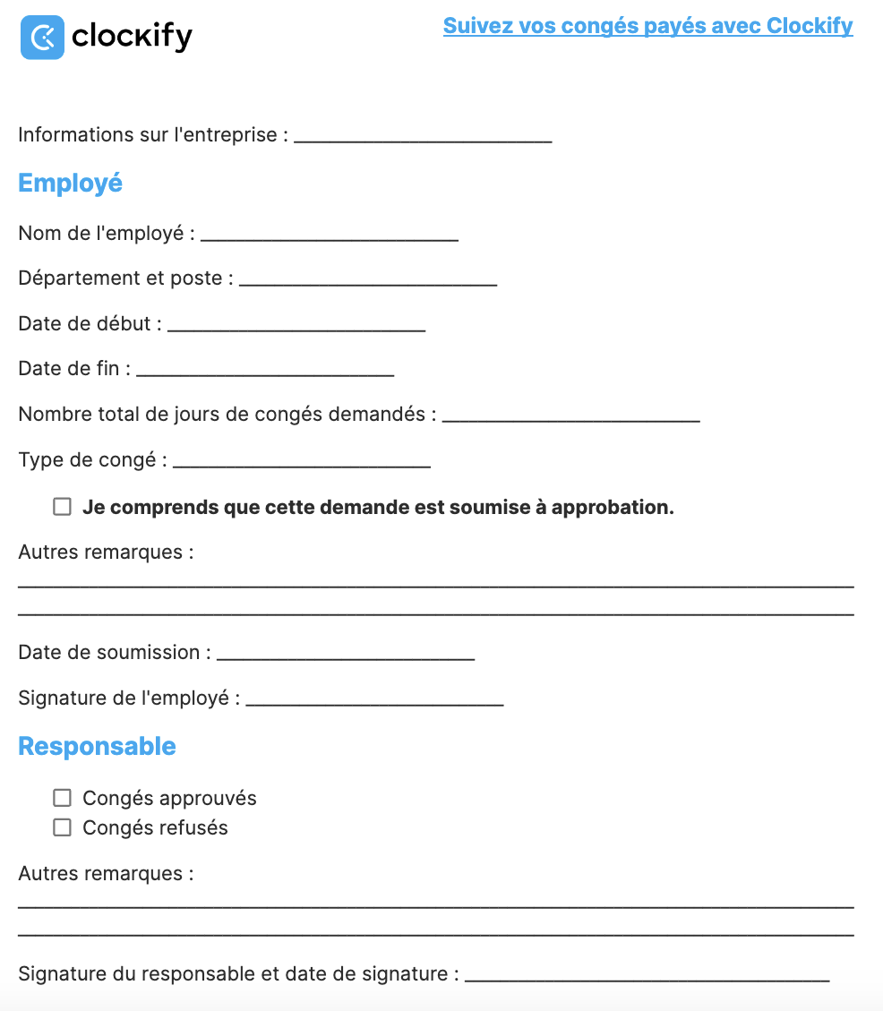 Formulaire de demande de congé sans les raisons du congé