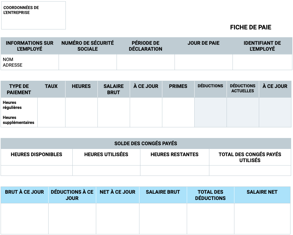 Modèle de fiche de paie avec congés payés et heures supplémentaires
