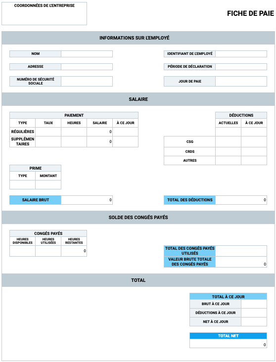 Modèle de fiche de paie avec congés payés et heures supplémentaires + calculateur