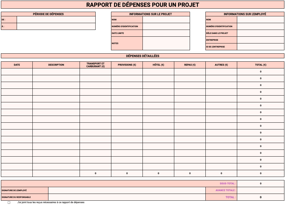 Modèle de rapport de dépenses pour un projet