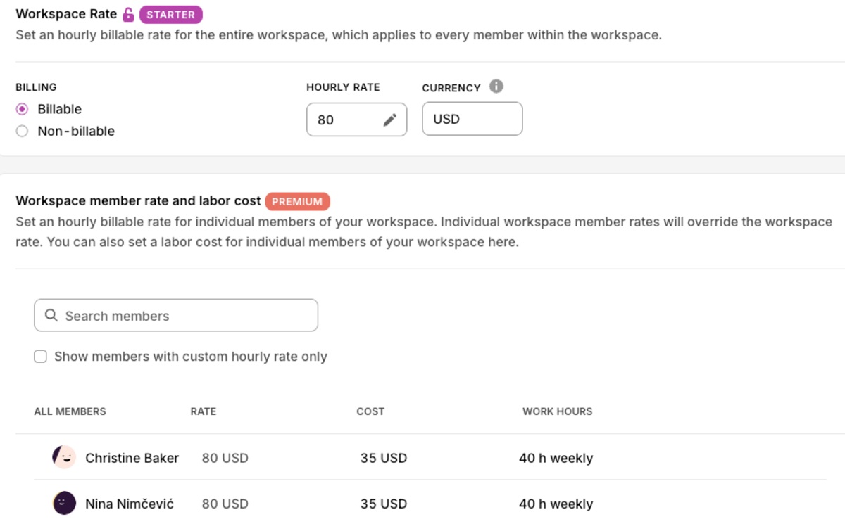 Rates in Toggl Track