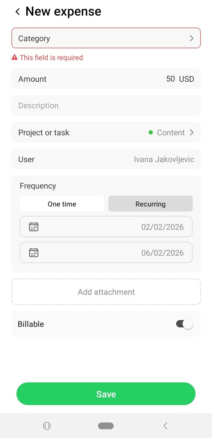 Selecting an expense category is mandatory in TimeCamp&rsquo;s mobile app