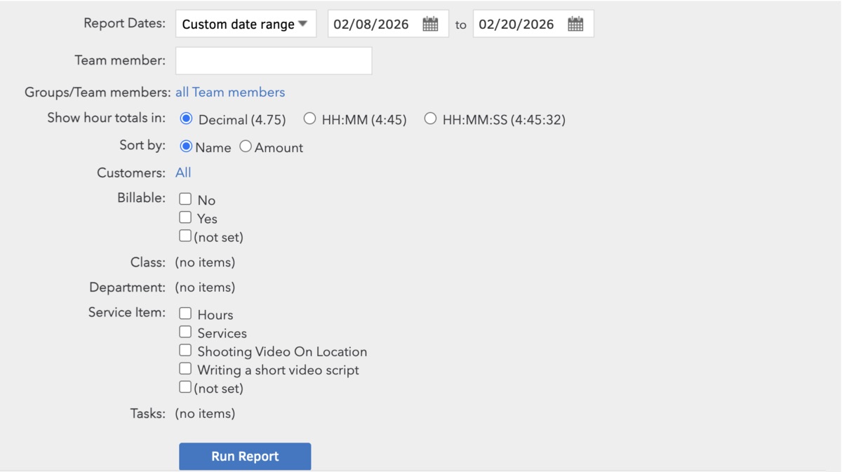 Selecting filters in time reports in QuickBooks Online