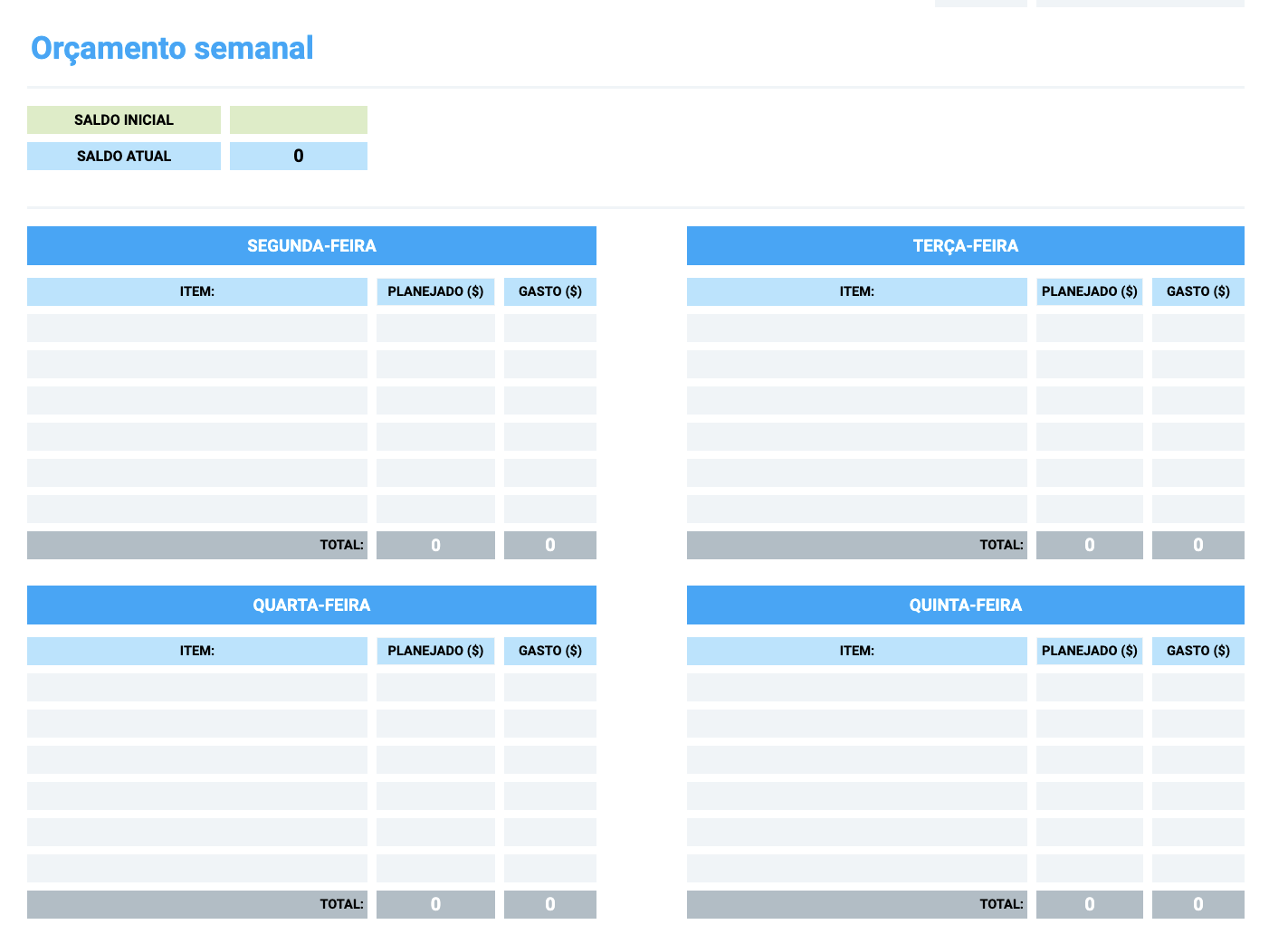 Modelo de orçamento semanal simples