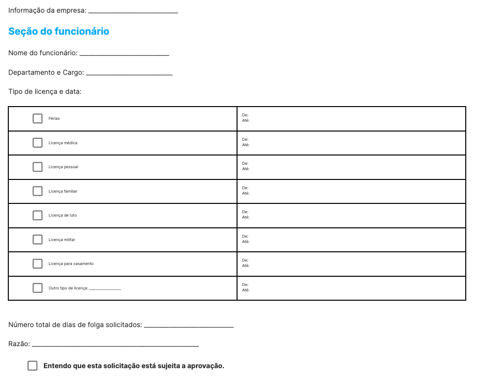 Captura de tela básica da solicitação de folga