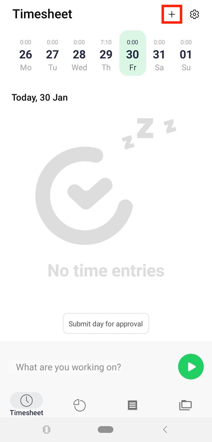 The manual time-entry option in TimeCamp&rsquo;s mobile app