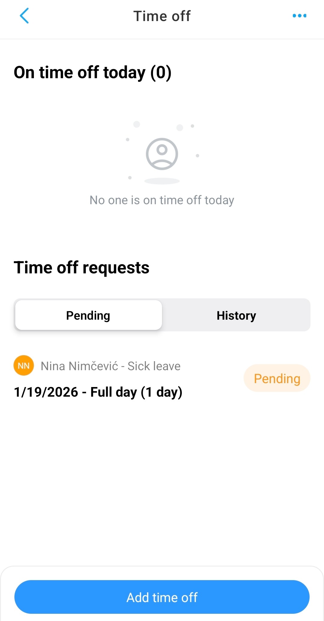 Time off on the Admin tab in Connecteam&rsquo;s mobile app