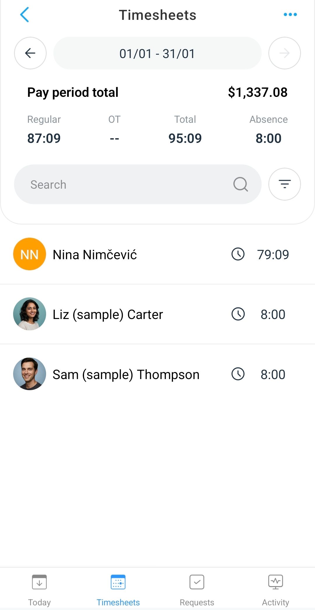 Timesheets dashboard in the Connecteam mobile app