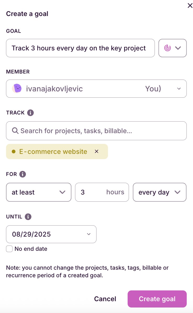 toggl track crear un objetivo