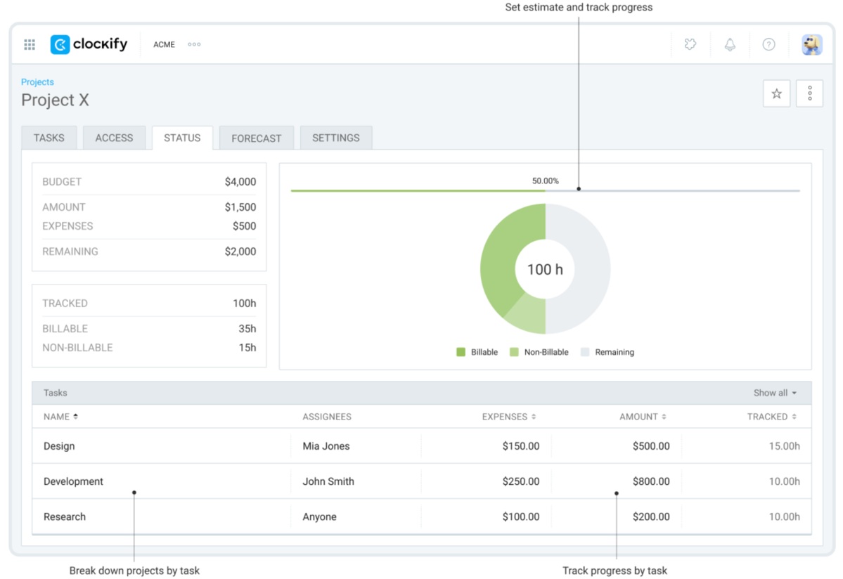 View tracked and remaining time and budget