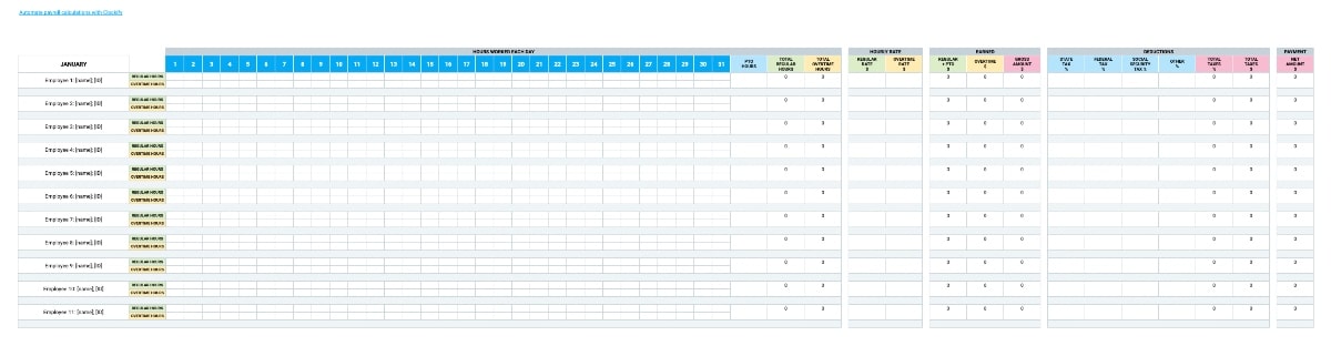 Modelo de folha de pagamento anual com horas extras e PTO