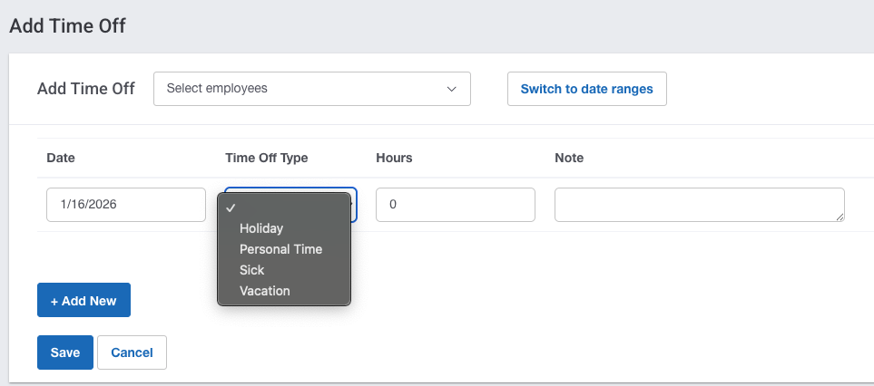 Add time off in Buddy Punch