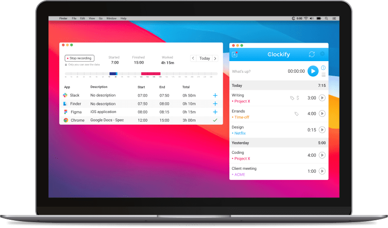 Captura de tela do aplicativo gratuito de rastreamento de tempo para Mac