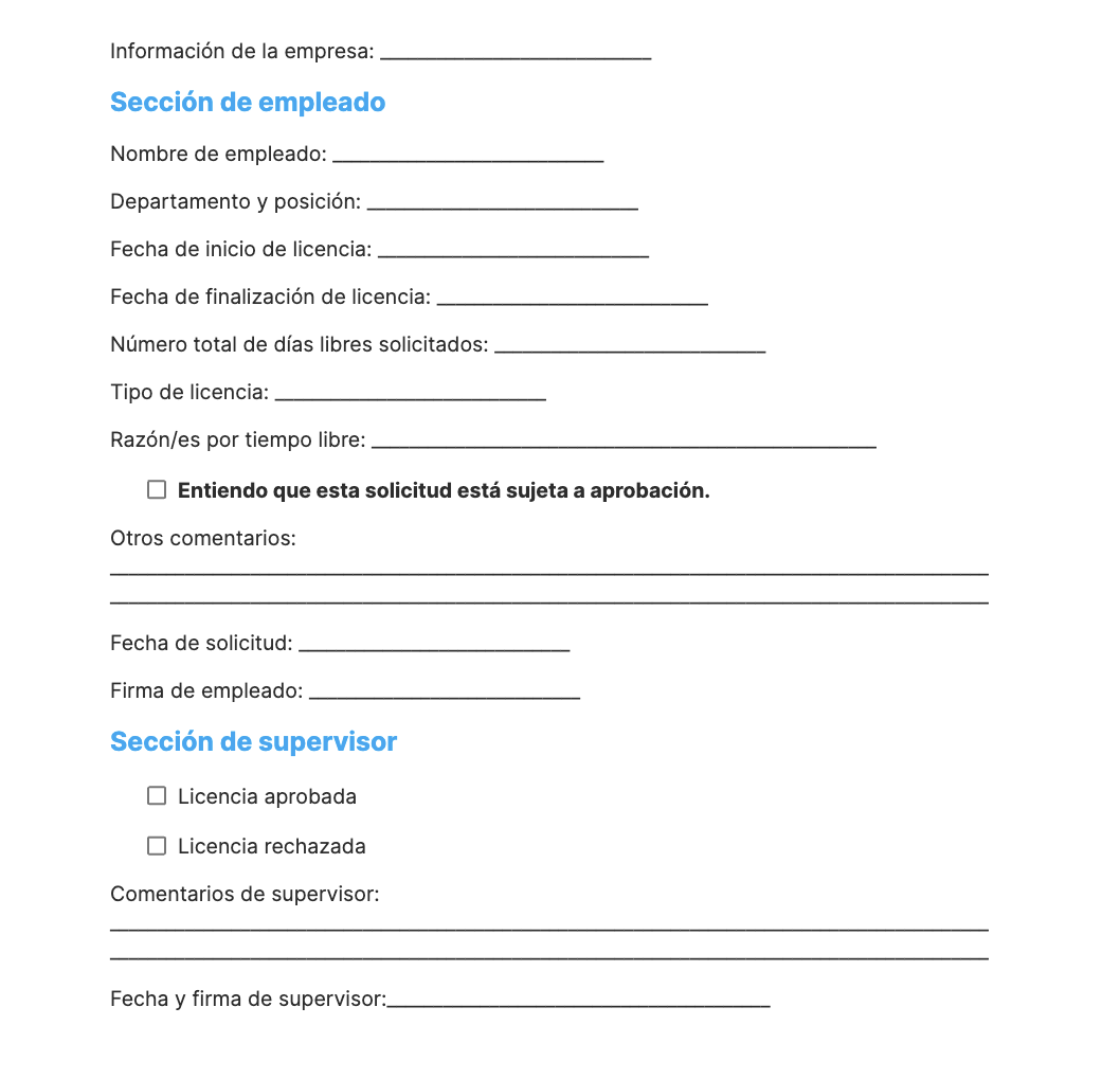 Captura de pantalla de formulario básico de solicitud de tiempo libre
