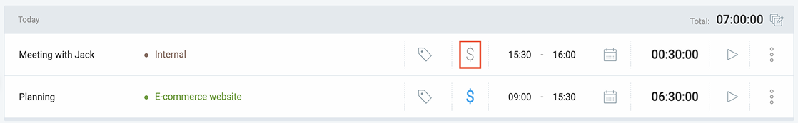 Billable time (blue dollar sign) and non-billable time (grey dollar sign) in Clockify