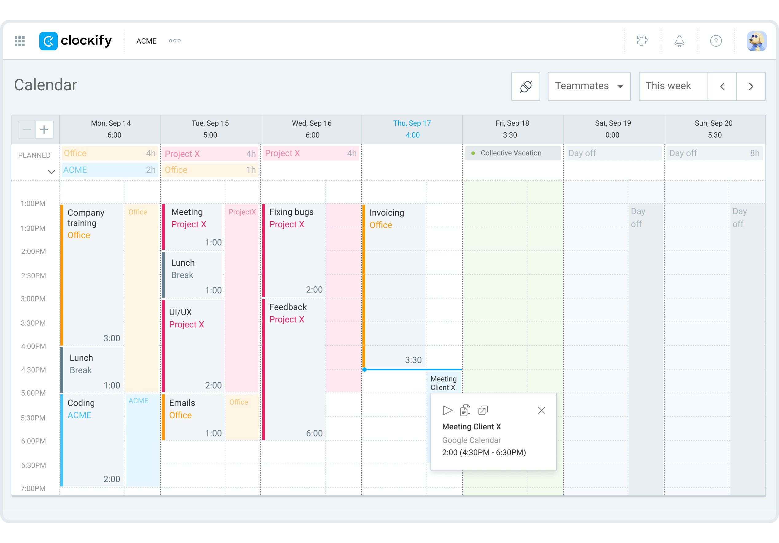 calendar view in Clockify