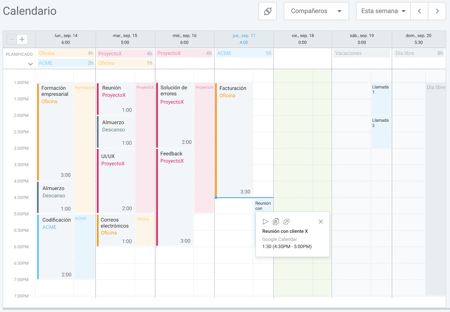 calendario en Clockify