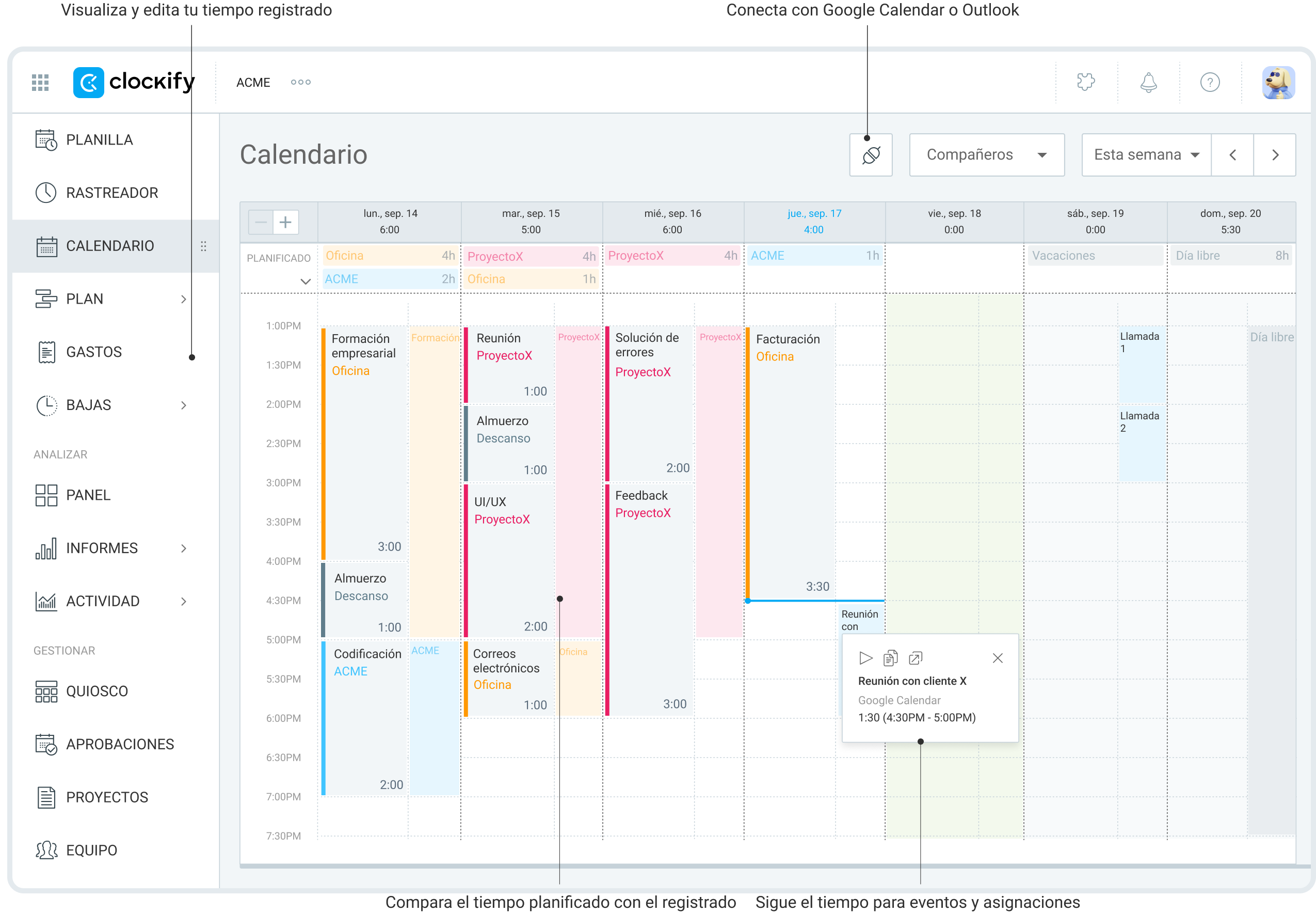 Función de calendario en Clockify