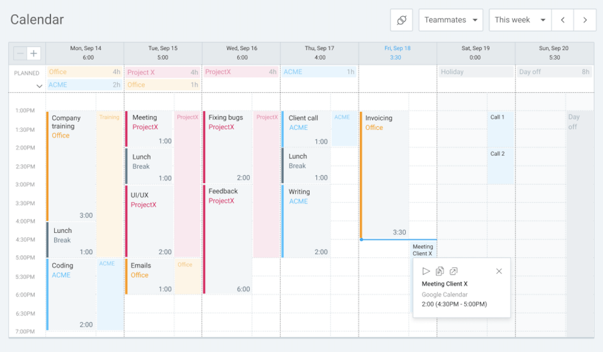calendar in Clockify