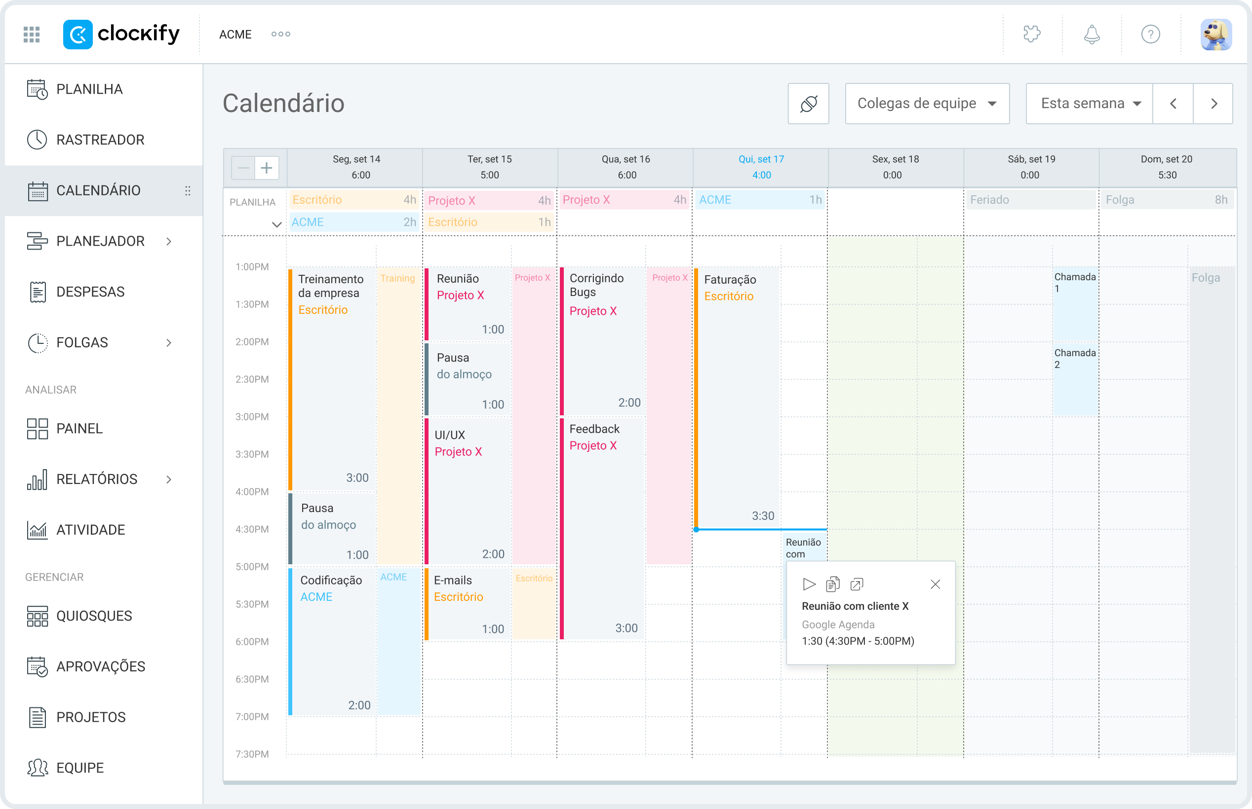 Calendário no Clockify