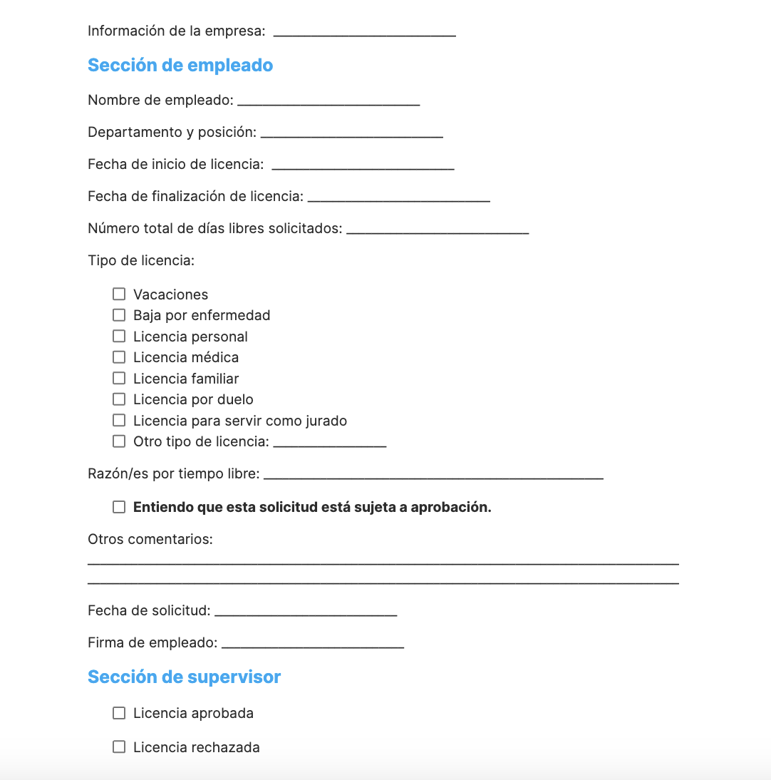 Captura de pantalla de formulario básico de solicitud de tiempo libre