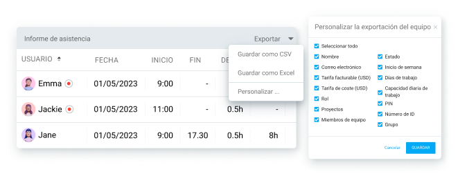 Elige las categorías que quieres incluir en tu exportacićon del equipo