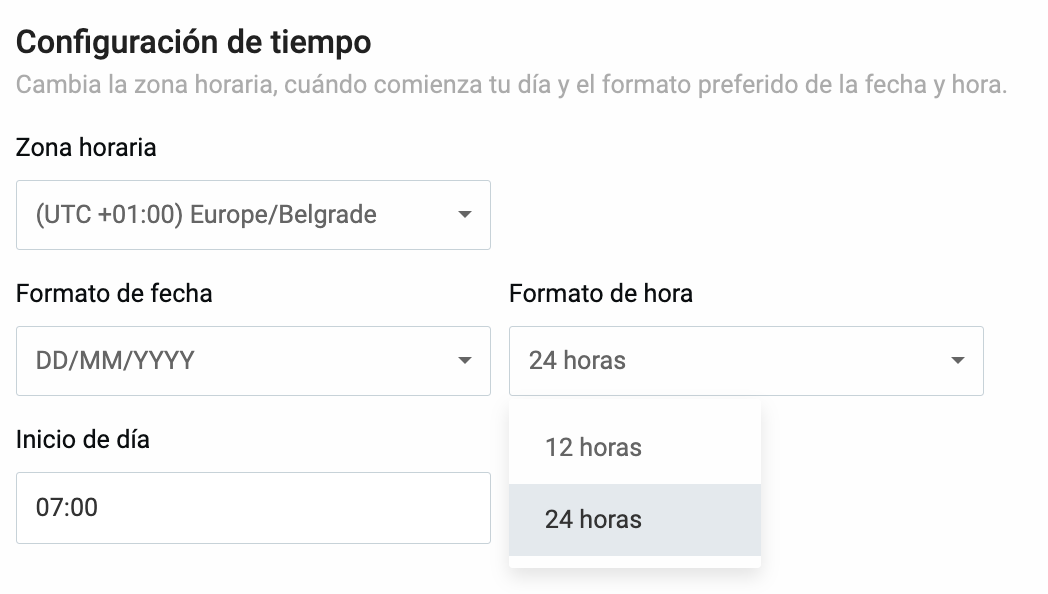 Selección del formato de hora preferido en Clockify